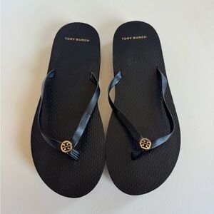 Tory Burch Black Platform Sandals with Gold Logo